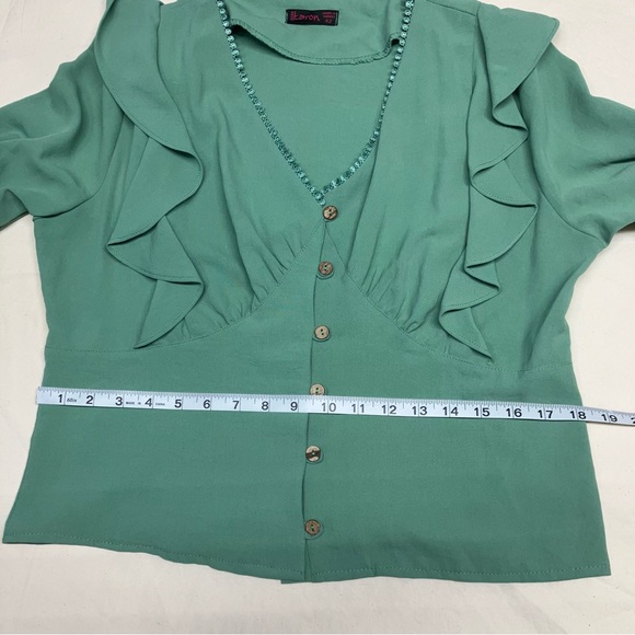 Unique Romantic Green Ruffle V-Neck Button Front Long Sleeve Top - 10 - Picture 6 of 7